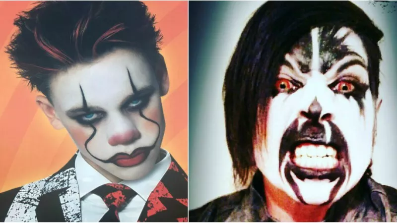 Image: A photo of a killer clown display at the 10th and Broadway Spirit outlet and a photo of Christian Gulzow in full makeup.
