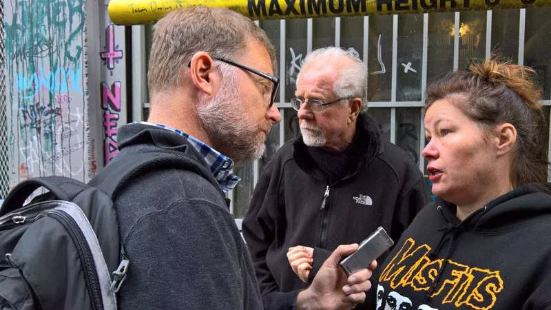 Image: KNUS's Steffan Tubbs and Peter Boyles (from left) in Vancouver last month for broadcasts about safe-use sites.