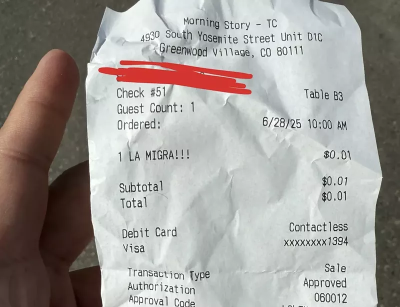 Image: A piece of receipt paper with a charge stating "La Migra!!!"