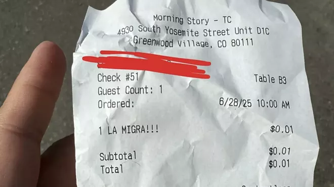 A piece of receipt paper with a charge stating "La Migra!!!"