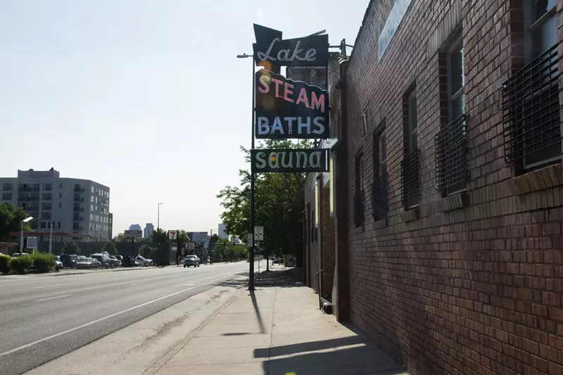 Image: Classic neon outside Lake Steam Baths at 3540 West Colfax Avenue.