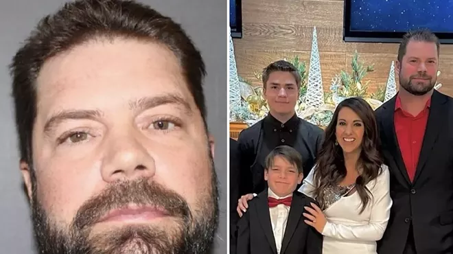 A photo collage showing the Boebert family standing together with a mugshot of Jayson Boebert.