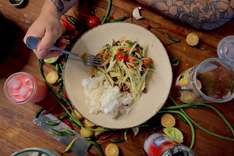 Som tum (green papaya salad) is one of the meals offered by Saranya Cooks Thai.