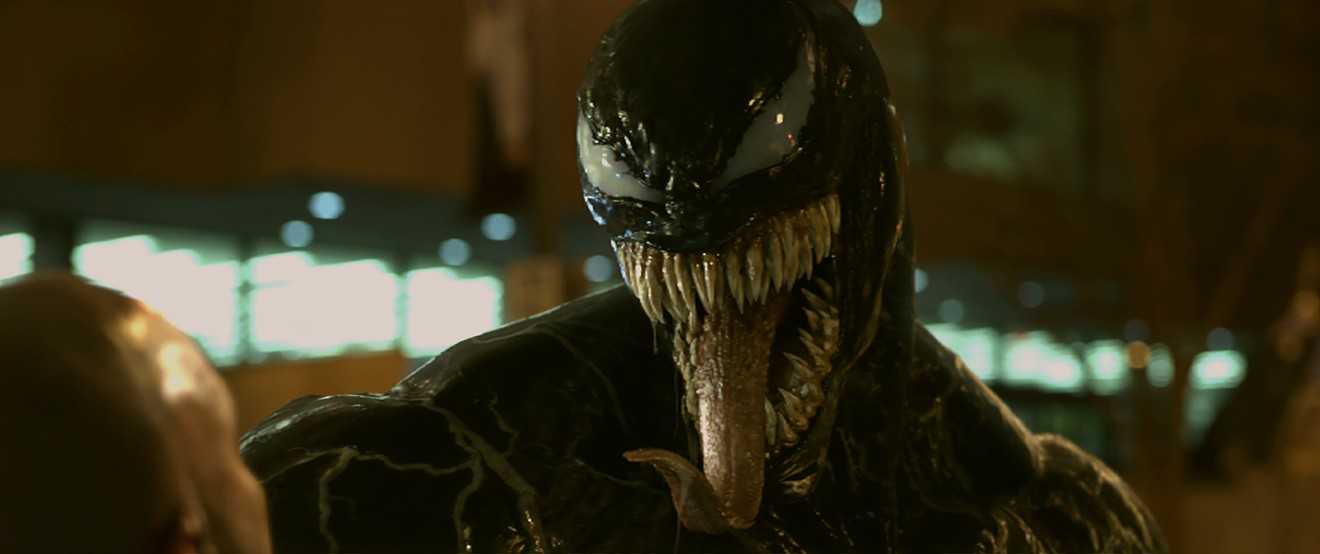 In the sci-fi split-personality comedy Venom, a scrappy TV reporter played by Tom Hardy gets taken over by an alien parasite that shoots out indestructible, warp-speed geysers of slick black super-goo.