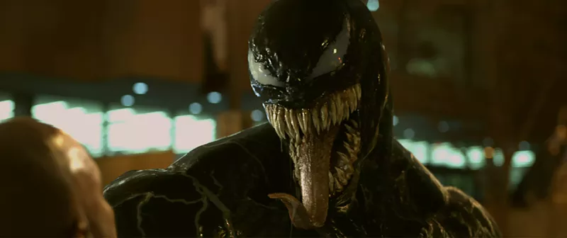 Image: In the sci-fi split-personality comedy Venom, a scrappy TV reporter played by Tom Hardy gets taken over by an alien parasite that shoots out indestructible, warp-speed geysers of slick black super-goo.