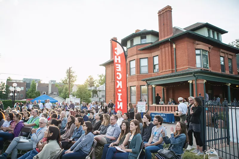 Image: The crowd at 2019's LitFest — the last in-person event, and the last one at the historic Milheim House.