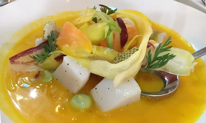 Image: Bright colors and fresh flavors, like this scallop tiradito, are the hallmark of chef Javier Plascencia's Baja-Med cuisine.