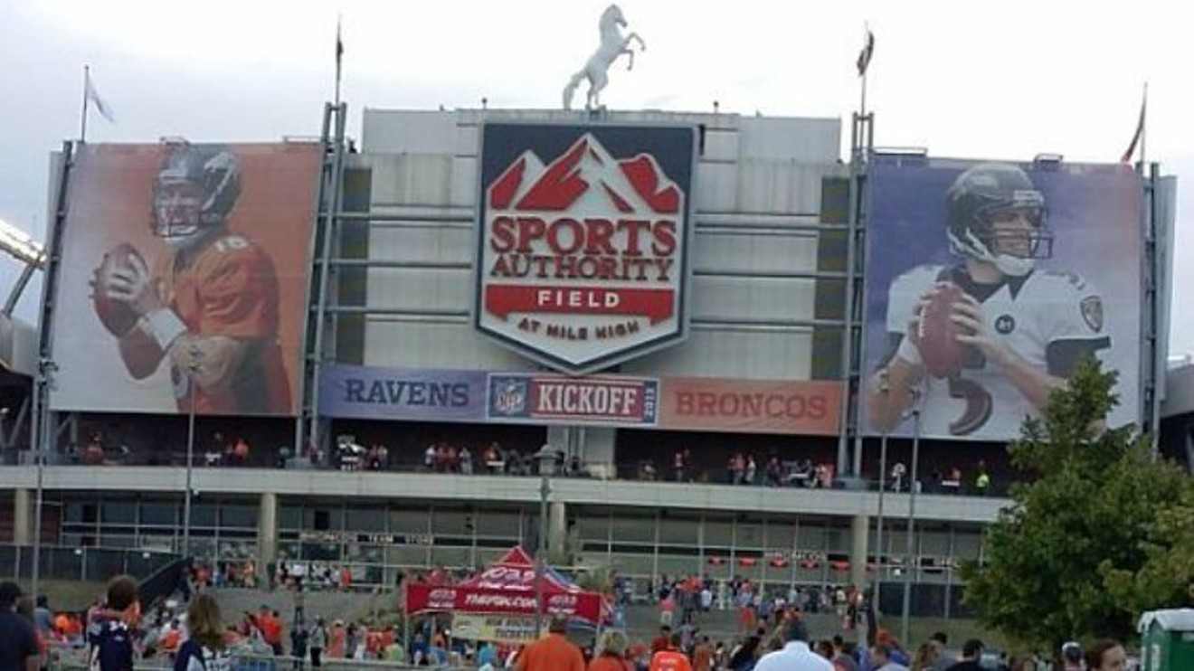 What was then Sports Authority Field at Mile High boasted a photo of current QB Joe Flacco when he was a Baltimore Raven.