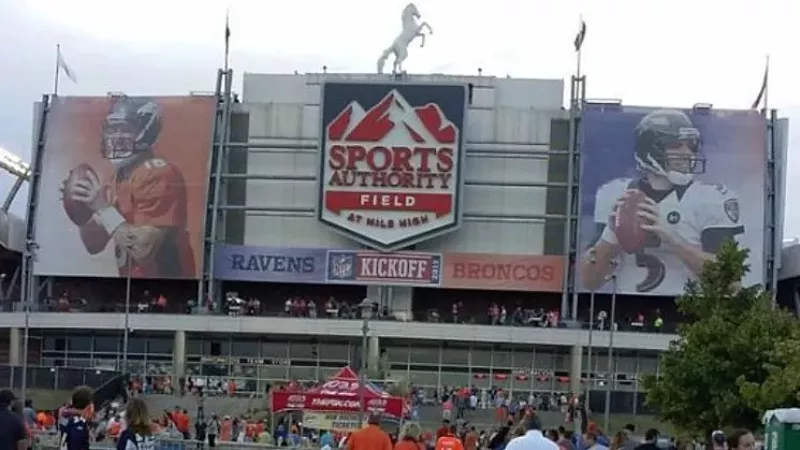 Image: What was then Sports Authority Field at Mile High boasted a photo of current QB Joe Flacco when he was a Baltimore Raven.