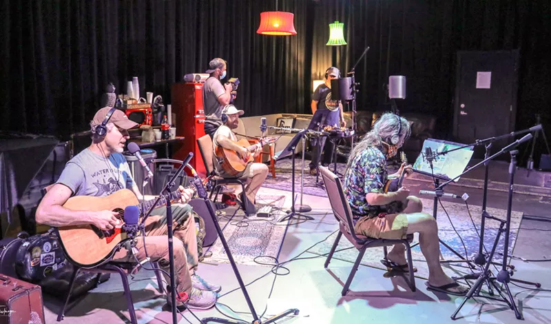 Image: The Mad Dog Blues Experience hard at work on Family Reunion 2020 at Dog House Music Studios.