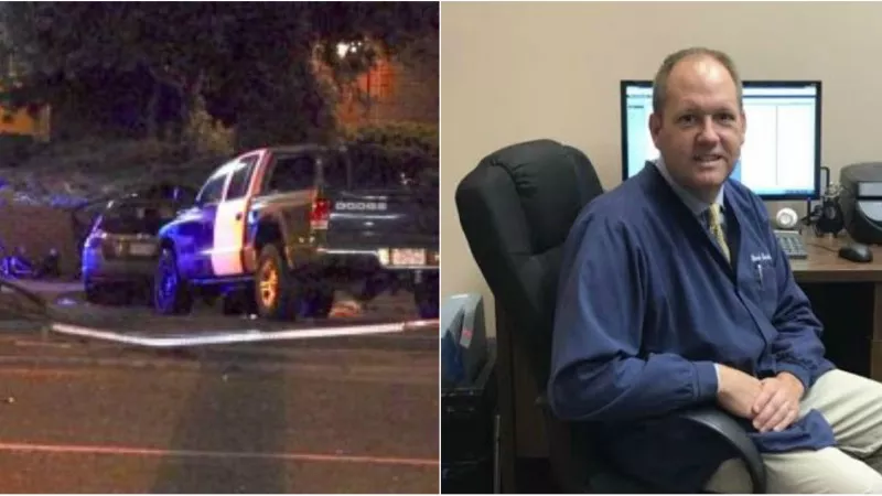 Image: The crash scene and a photo of injured passenger Mark Karla.
