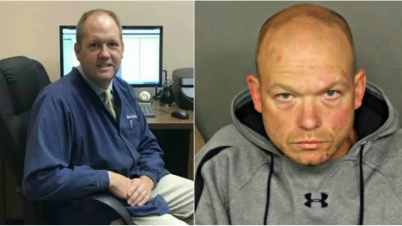 Image: Mark Karla (left) and the booking photo for Jeffery Dean Sloan.