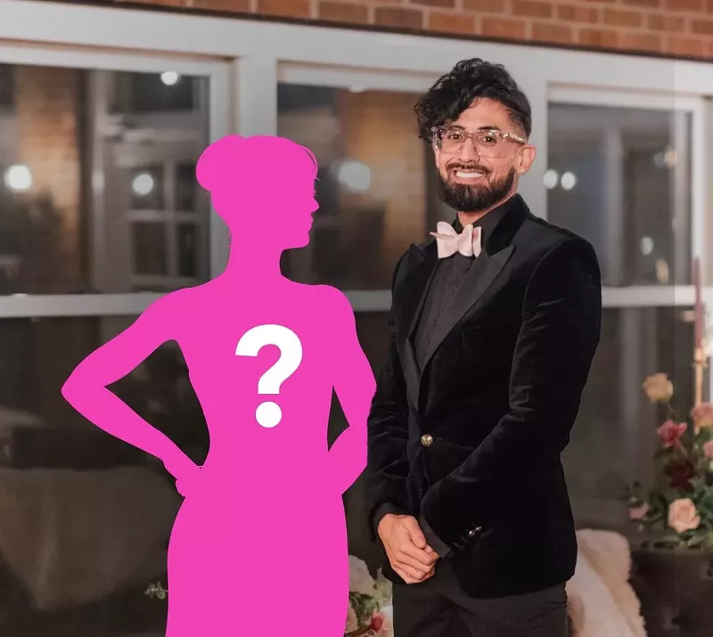 Image: Michael stands next to a pink outline of a woman with a question mark over it.