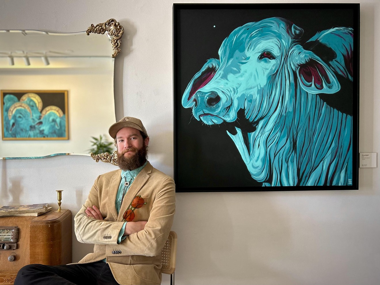 Artist Max Coleman and "Moonlight," one of nine new paintings that make up The Burden of Cattle.