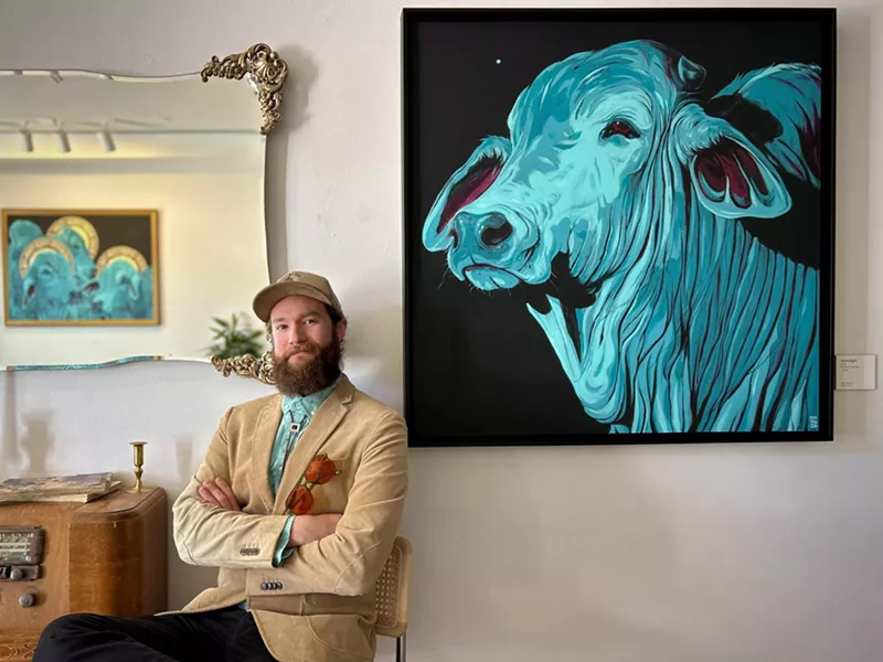 Image: Artist Max Coleman and "Moonlight," one of nine new paintings that make up The Burden of Cattle.