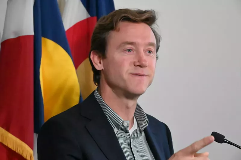 Image: Denver Mayor Mike Johnston speaking at a press conference on homelessness on August 16, 2023.