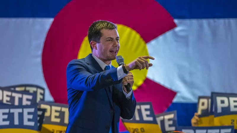 Image: Ex-South Bend Mayor Pete Buttigieg at the Crowne Plaza in Aurora on February 22.