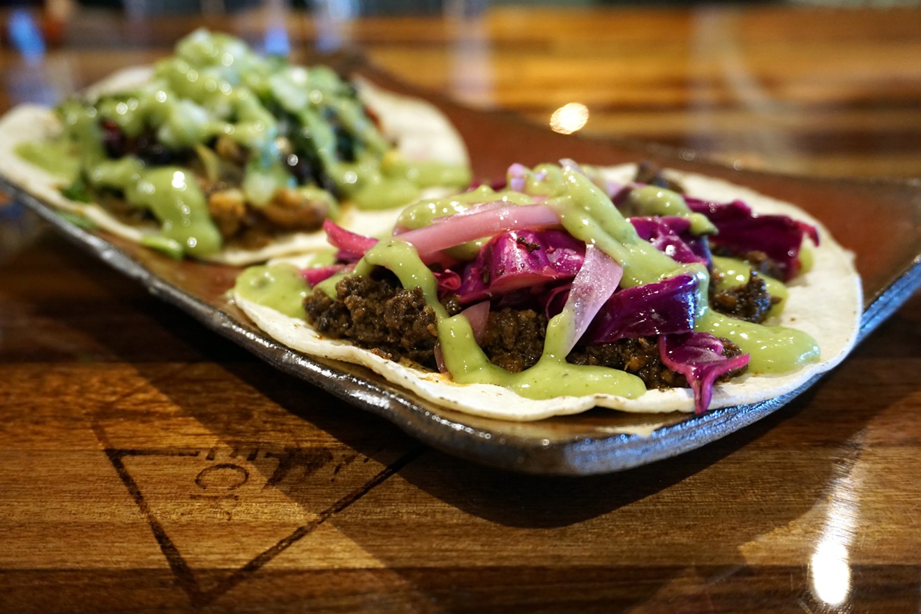 The ChocoPotle beef taco features ground beef seasoned with cinnamon and chocolate, topped with a housemade salsa.