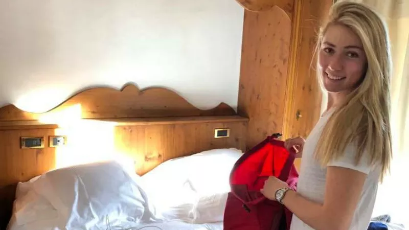 Image: Mikaela Shiffrin packs for the Olympics. Hope she left room for a whole lot of medals.