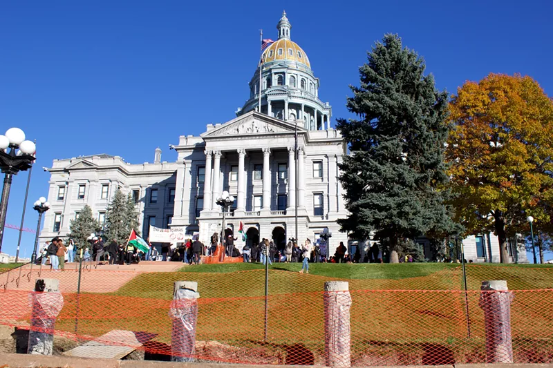 Image: A group of pro-Palestine protestors rally at the west steps of the Colorado Capitol Building.