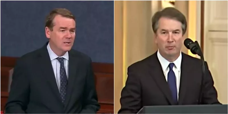 Image: Senator Michael Bennet discusses U.S. Supreme Court nominee Brett Kavanaugh, seen at his White House introduction.