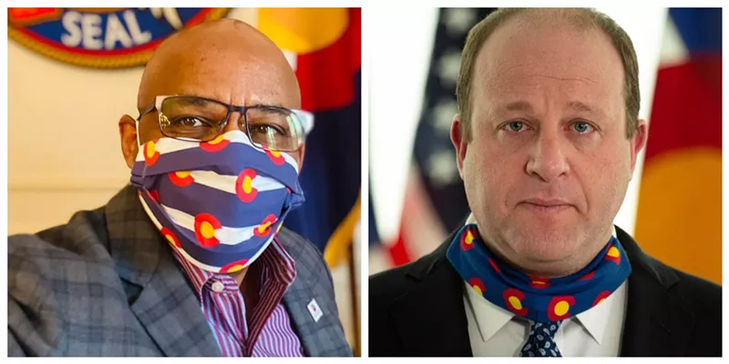 Image: Mayor Michael Hancock and Governor Jared Polis outfitted with Colorado-themed face coverings.