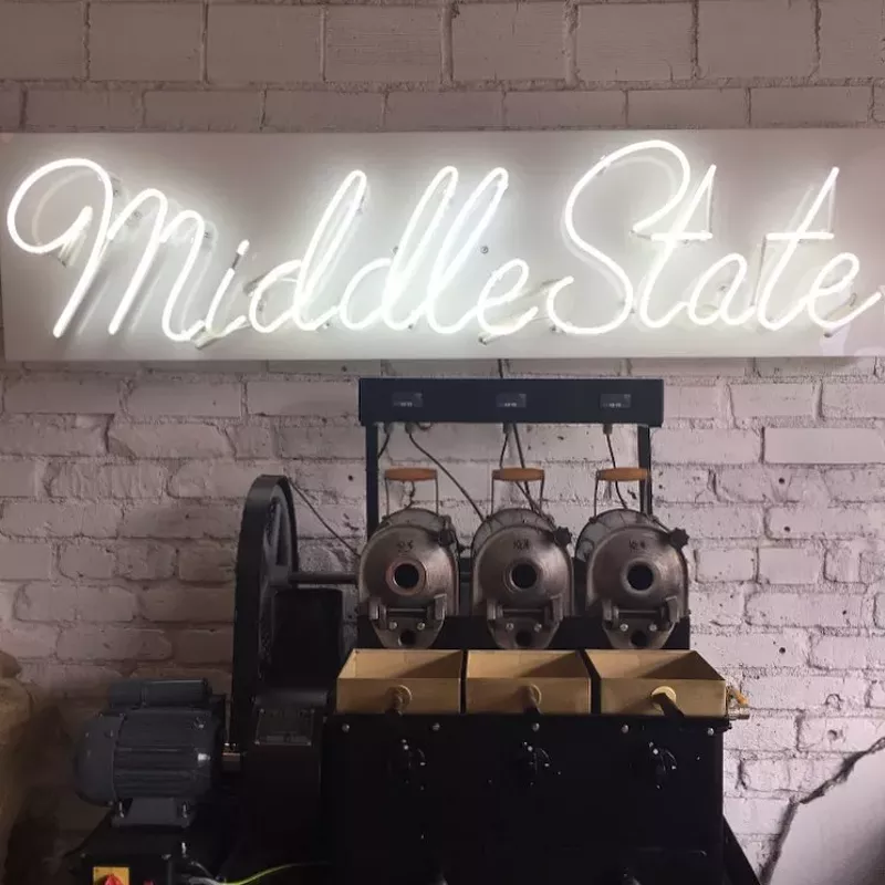 Image: MiddleState's coffee roaster, a refurbished 1956 German Probat roaster. DeRose describes it as "a Frankenstein of old parts and new parts."