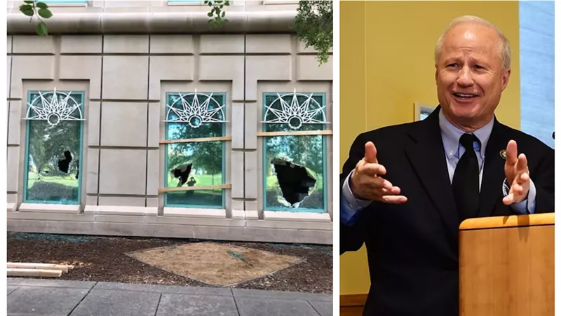 Image: This photo of damaged windows at the Aurora Municipal Center was tweeted by Mayor Mike Coffman.