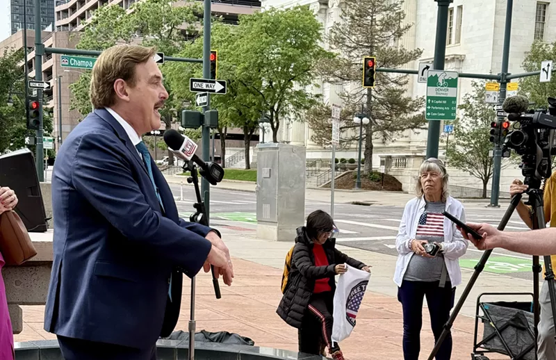 Image: MyPillow CEO Mike Lindell outside the Arraj Courthouse on the first day of his defamation trial.