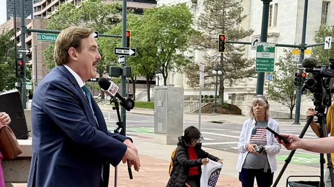 MyPillow CEO Mike Lindell outside the Arraj Courthouse on the first day of his defamation trial.