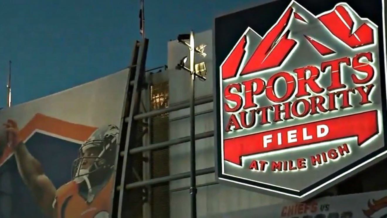 One of the many Sports Authority Field at Mile High signs that Broncos fans have seen at the stadium for years.