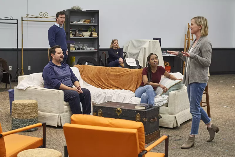 Image: The cast of the Arvada Center production of The Book Club Play rehearses a scene about Moby Dick.
