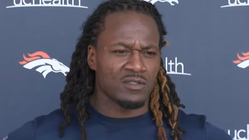 Image: Adam "Pacman" Jones during his introductory press availability as a Denver Bronco on August 27.