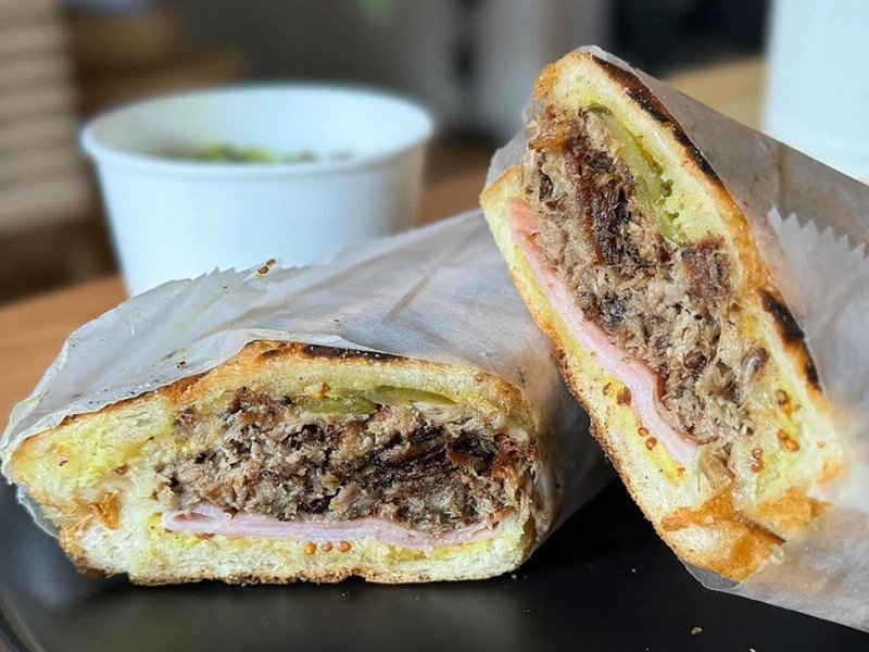 The Cuban-ish sandwich is made with chicharron, ham, roasted pork, whole grain mustard-mayo, sweet gherkins and Swiss cheese on GetRight's Cuban bread.