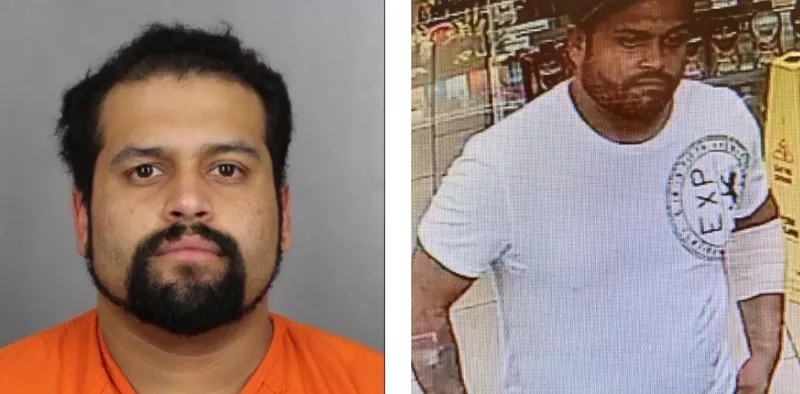 Image: A booking photo and surveillance image of Rigoberto Valles Dominguez, who's suspected of shooting a Littleton Police officer.