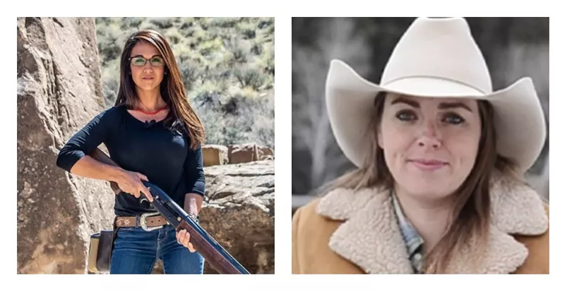 Image: Lauren Boebert packing heat and a portrait of state senator Kerry Donovan.