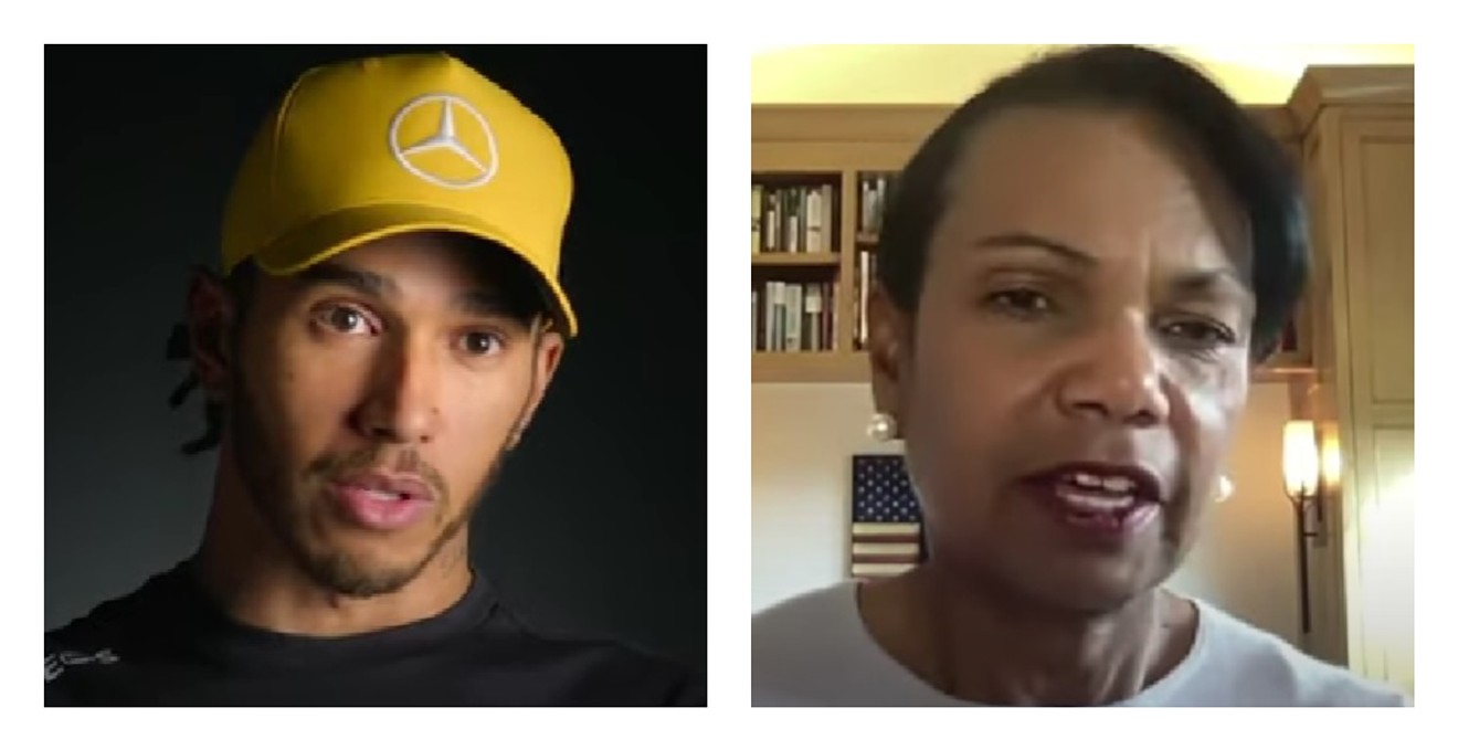 Lewis Hamilton as seen on the Netflix series Formula 1: Drive to Survive and Condoleezza Rice during a recent interview.