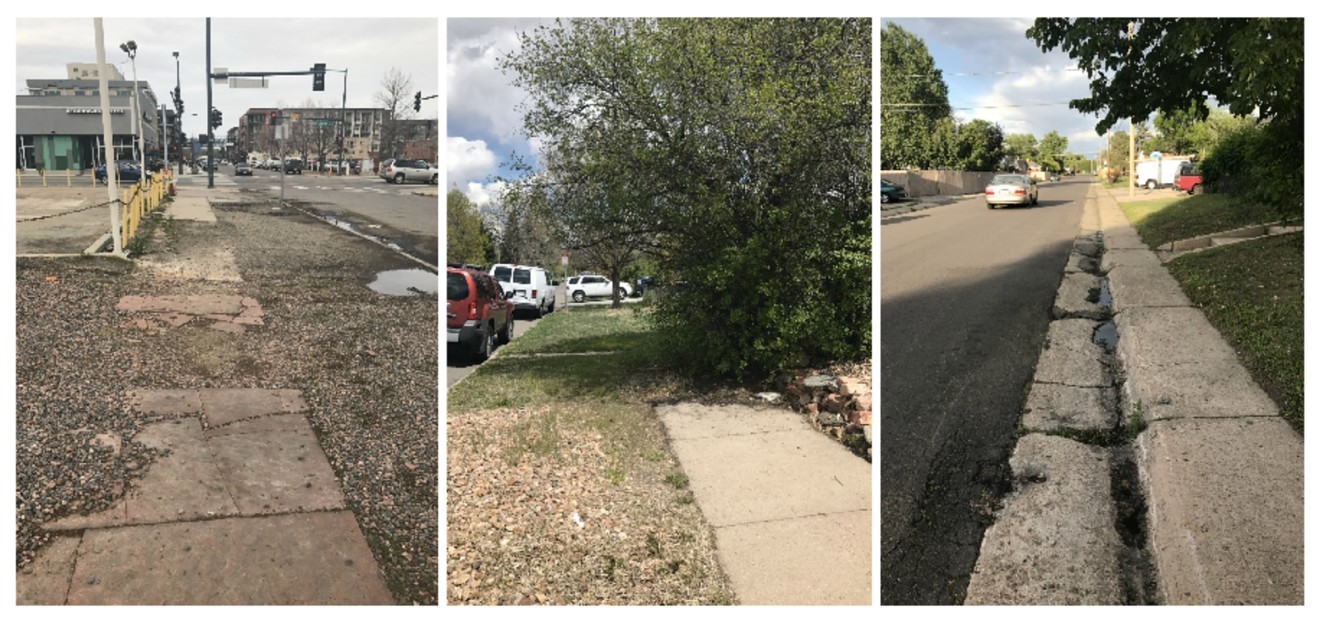 Three examples of problem sidewalks, as shared by the Denver Streets Partnership in 2021.