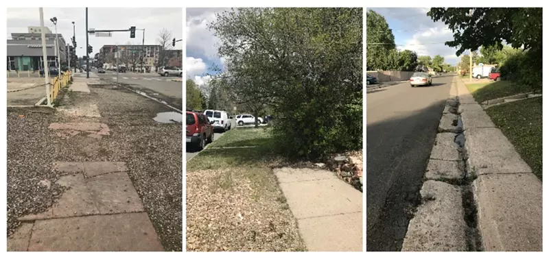 Image: Three examples of problem sidewalks, as shared by the Denver Streets Partnership in 2021.