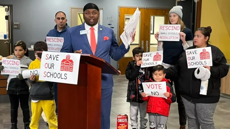 Image: Auon'tai M. Anderson during a press conference prior to the November 17 vote by the Denver school board.