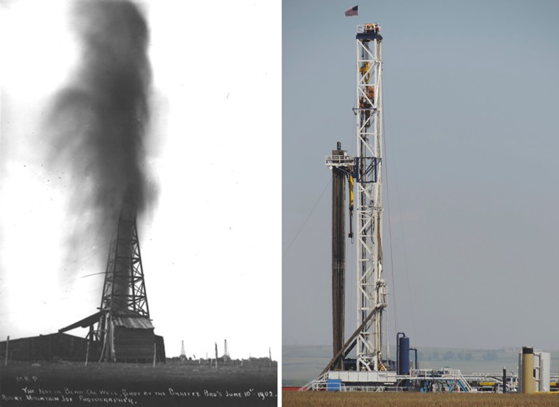 Oil was first produced from the Denver Basin on a ranch outside of Boulder in 1902 (left). A modern rig drills for oil and gas in Weld County, where there are more than 30,000 active and abandoned wells.