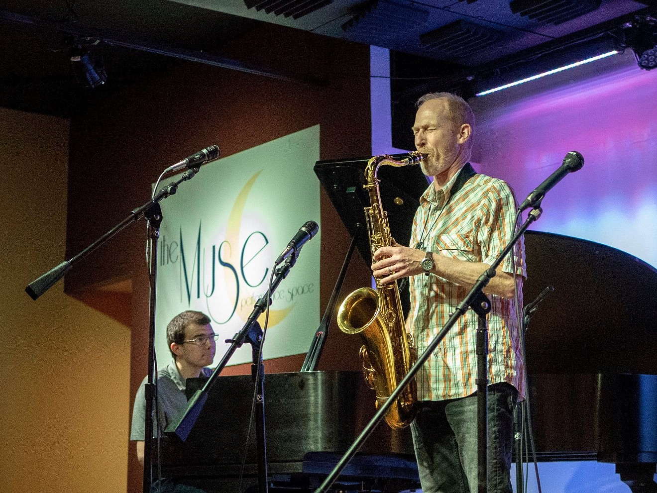 Saxophonist Pete Lewis performs at the Muse, the new venue in Lafayette that he operates with his wife.
