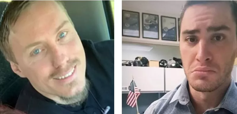 Image: A family photo of the late John Pacheaco Jr. and an excerpt from a social media post spotlighting Officer Chandler Phillips putting on a comic pout after being placed on desk duty following the fatal shooting.