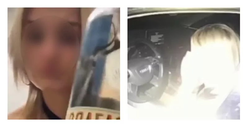 Image: A screen capture from a viral Twitter video blurred to protect the subject's identity and an image from Jefferson County Sheriff's Office body-worn camera footage of a DUI stop.