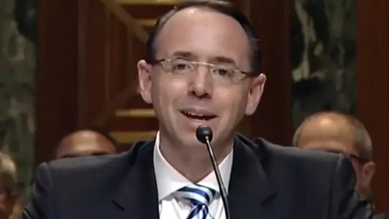 Image: Deputy Attorney General Rod Rosenstein testifying about marijuana before a U.S. Senate committee on June 13.