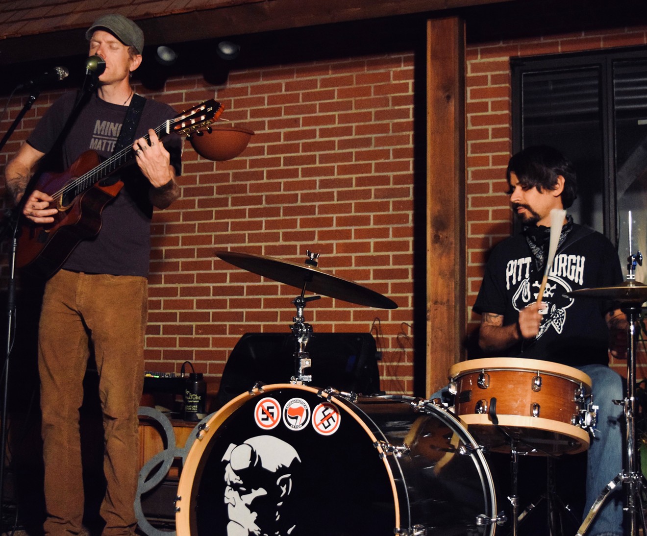 Clay Rose (left) of Gasoline Lollipops playing a livestream show with Adam Perry earlier this year.