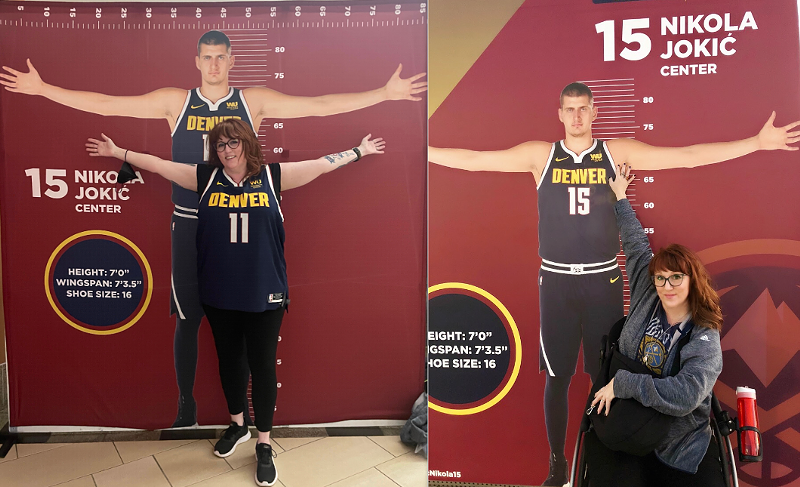 Image: On the right a redheaded woman stands in front of a Nikola Jokic mural. On the left, the same woman sits in front of the mural on a wheelchair.