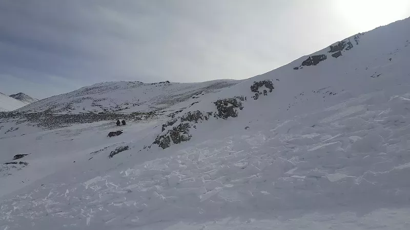 Image: The Colorado Avalanche Information Center caption on this photo from the scene of a November 28 slide reads: "The upper portions of debris field. Skier 1 triggered the avalanche as he approached the rock band on the far side of the avalanche."