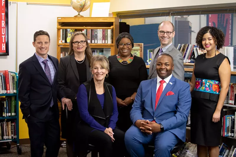 Image: The new board: Barbara O'Brien and Tay Anderson (front), Scott Baldermann (from left, back row), Dr. Carrie Olson, Jennifer Bacon, Reverend Bradley Laurvick, Angela Cobián.