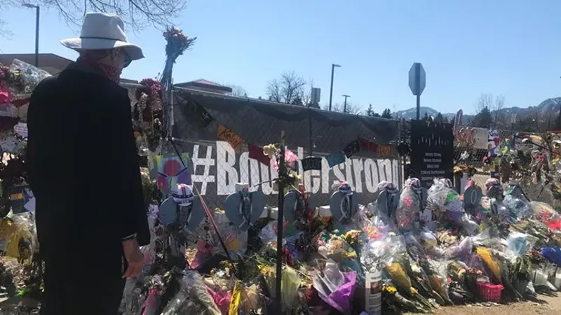 Image: The impromptu shrine outside of the Table Mesa King Soopers store in Boulder.